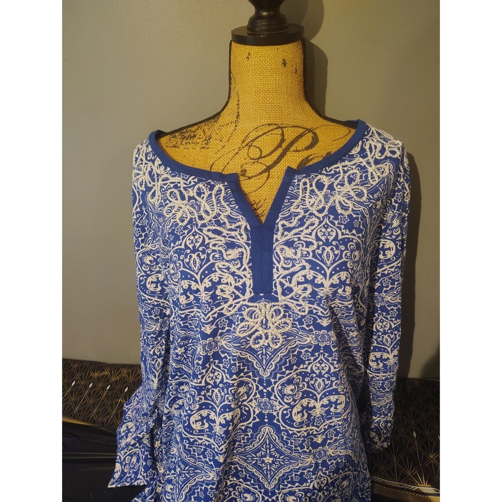 Coral Bay Blue White Paisley Beaded V-Neck Tunic Top 2X Long Sleeve Blouse